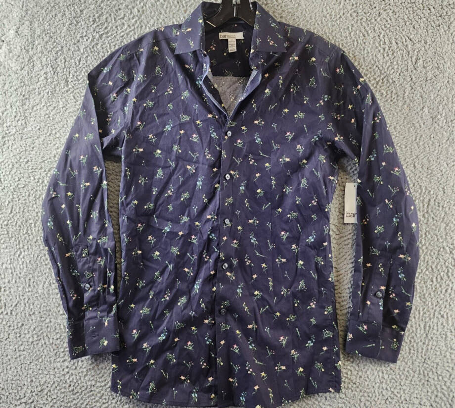 Bar III Slim-Fit Spring Garden Dress Shirt Men's S 14-14.5 Navy Button Front L/S