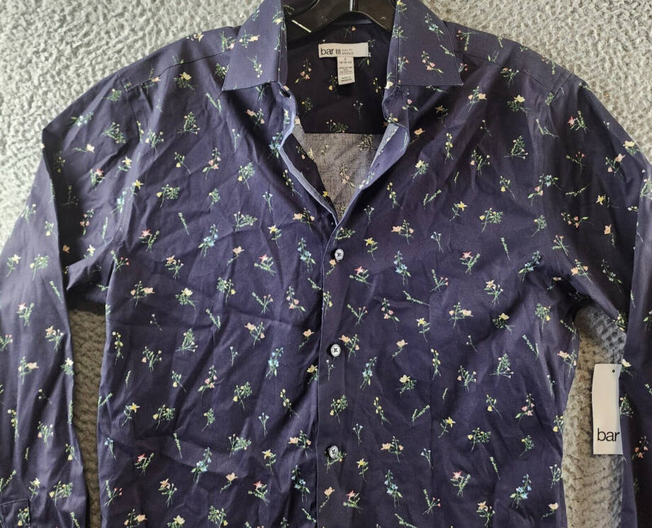 Bar III Slim-Fit Spring Garden Dress Shirt Men's S 14-14.5 Navy Button Front L/S