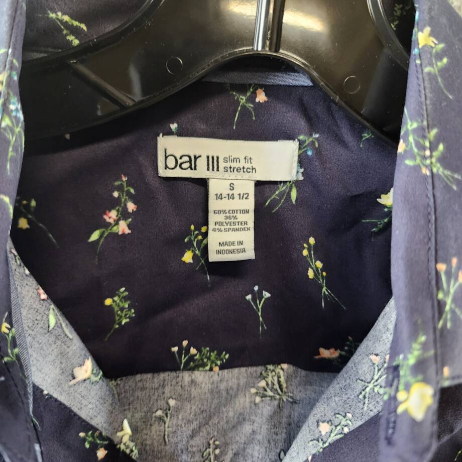 Bar III Slim-Fit Spring Garden Dress Shirt Men's S 14-14.5 Navy Button Front L/S