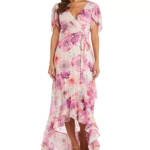 Nightway High-Low Floral Ruffled Dress Women's 4 Pink Multi Back Zip Closure S/S