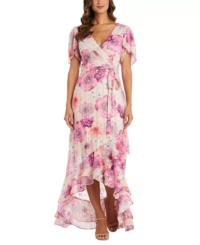 Nightway High-Low Floral Ruffled Dress Women's 4 Pink Multi Back Zip Closure S/S
