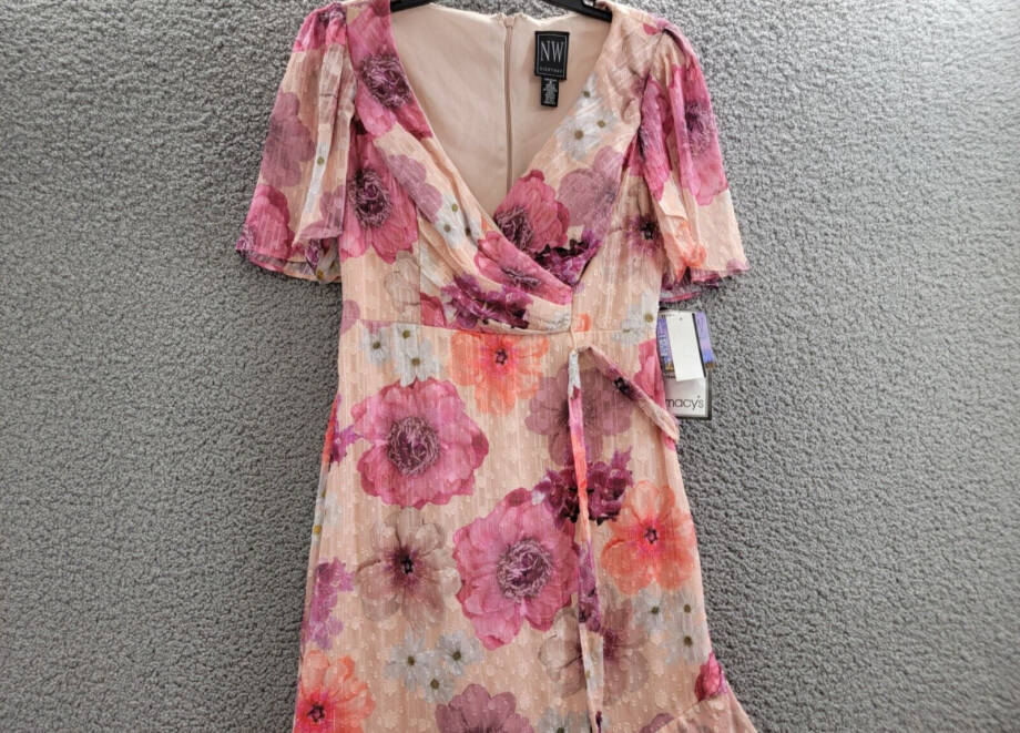 Nightway High-Low Floral Ruffled Dress Women's 4 Pink Multi Back Zip Closure S/S