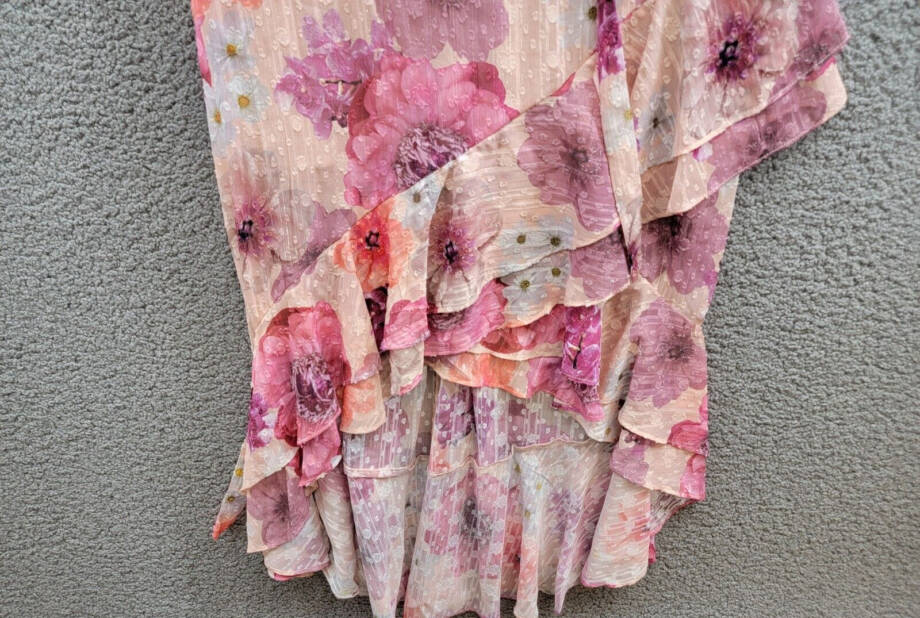 Nightway High-Low Floral Ruffled Dress Women's 4 Pink Multi Back Zip Closure S/S