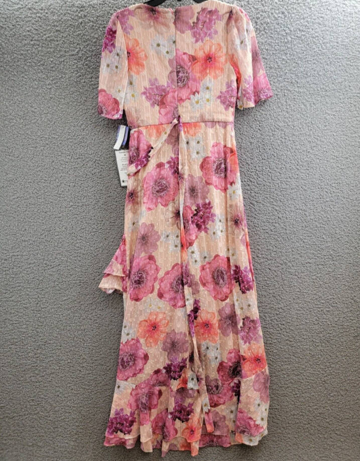 Nightway High-Low Floral Ruffled Dress Women's 4 Pink Multi Back Zip Closure S/S