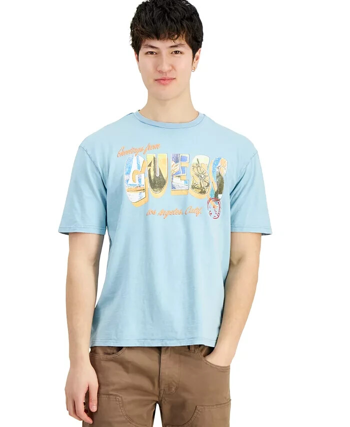 GUESS Postcard Logo Graphic Crewneck T-Shirt Men's XXL Laguna Blue Short Sleeve+