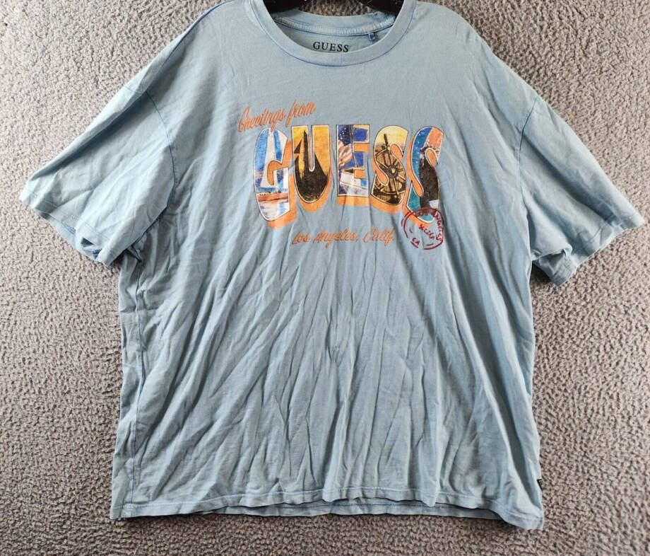GUESS Postcard Logo Graphic Crewneck T-Shirt Men's XXL Laguna Blue Short Sleeve+