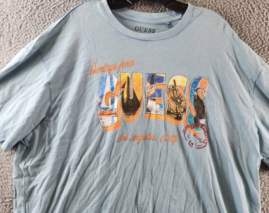 GUESS Postcard Logo Graphic Crewneck T-Shirt Men's XXL Laguna Blue Short Sleeve+