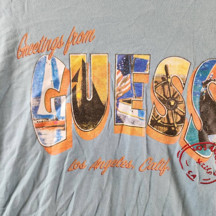 GUESS Postcard Logo Graphic Crewneck T-Shirt Men's XXL Laguna Blue Short Sleeve+