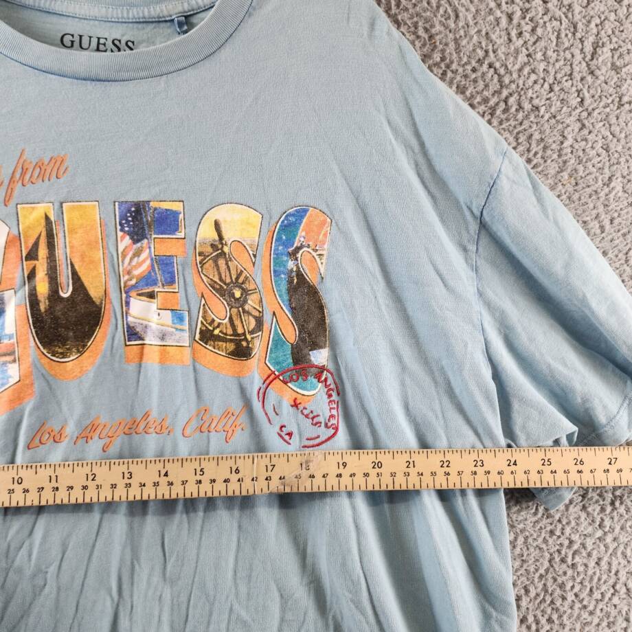 GUESS Postcard Logo Graphic Crewneck T-Shirt Men's XXL Laguna Blue Short Sleeve+