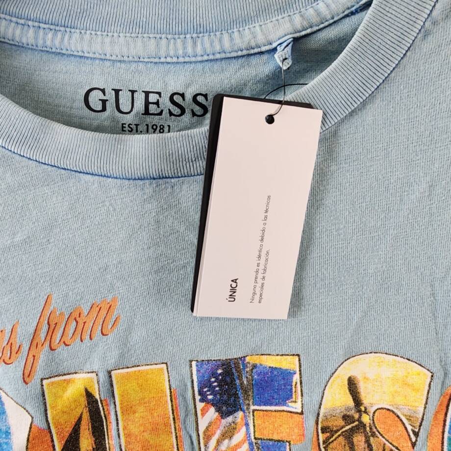GUESS Postcard Logo Graphic Crewneck T-Shirt Men's XXL Laguna Blue Short Sleeve+