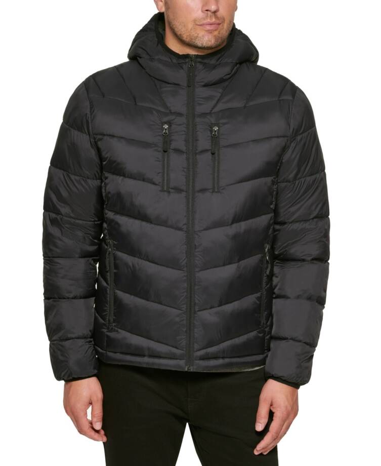 Club Room Chevron Quilted Hooded Puffer Jacket Men's XXL Black Full Zipped L/S +