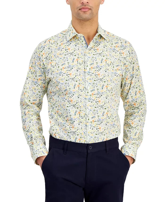 Bar III Slim-Fit Water Floral Dress Shirt Men's S 14-14.5 White Apricot L/S