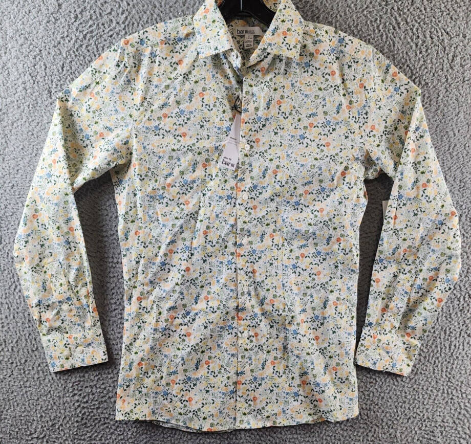 Bar III Slim-Fit Water Floral Dress Shirt Men's S 14-14.5 White Apricot L/S