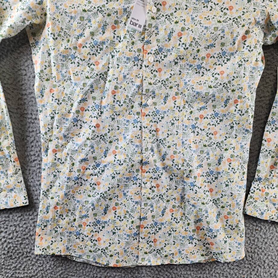 Bar III Slim-Fit Water Floral Dress Shirt Men's S 14-14.5 White Apricot L/S