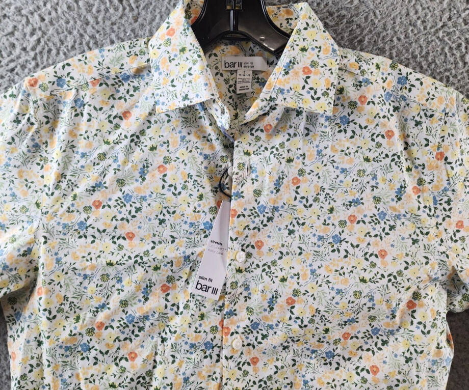 Bar III Slim-Fit Water Floral Dress Shirt Men's S 14-14.5 White Apricot L/S