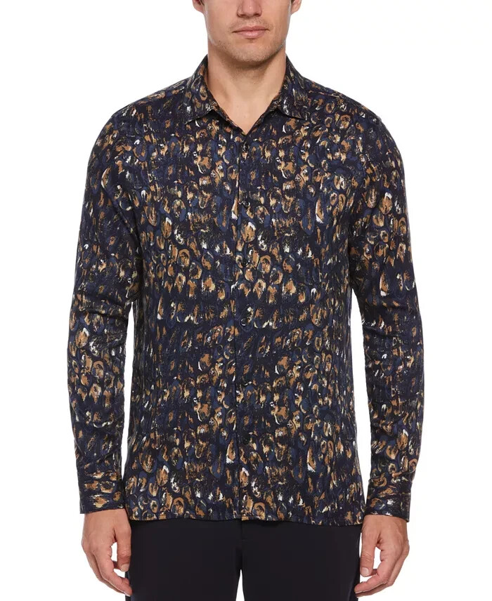 Perry Ellis Paint Stroke-Print Shirt Men's S Safari Long Sleeve Button Closure