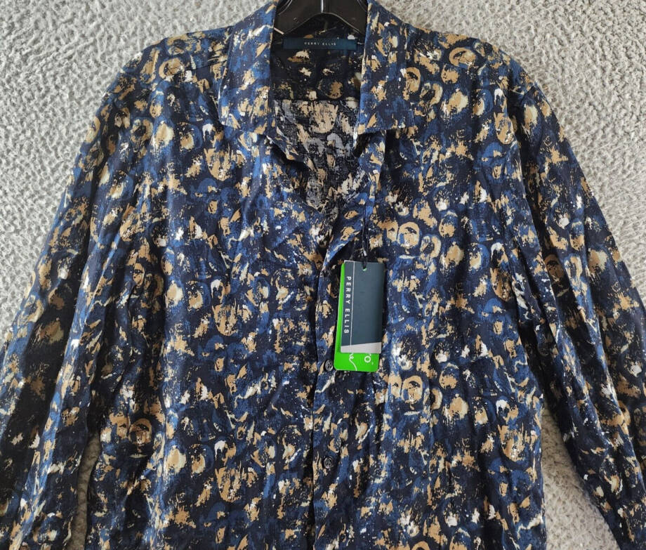 Perry Ellis Paint Stroke-Print Shirt Men's S Safari Long Sleeve Button Closure
