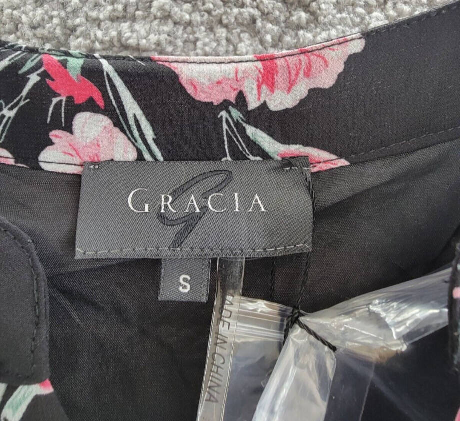Gracia Floral Print Belted Dress Women's S Black Multi V-Neck Half Sleeve Button