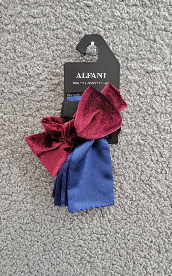 Alfani Mini Neat Pre-Tied Bow Tie & Solid Pocket Square Set Men's Navy/Red