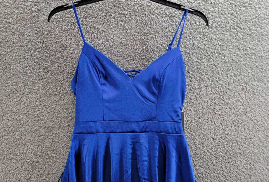 City Studio Satin Fit & Flare Dress Juniors 7 Cobalt Blue V-Neck Zip Lace Back
