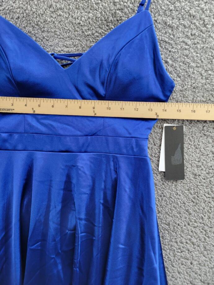 City Studio Satin Fit & Flare Dress Juniors 7 Cobalt Blue V-Neck Zip Lace Back