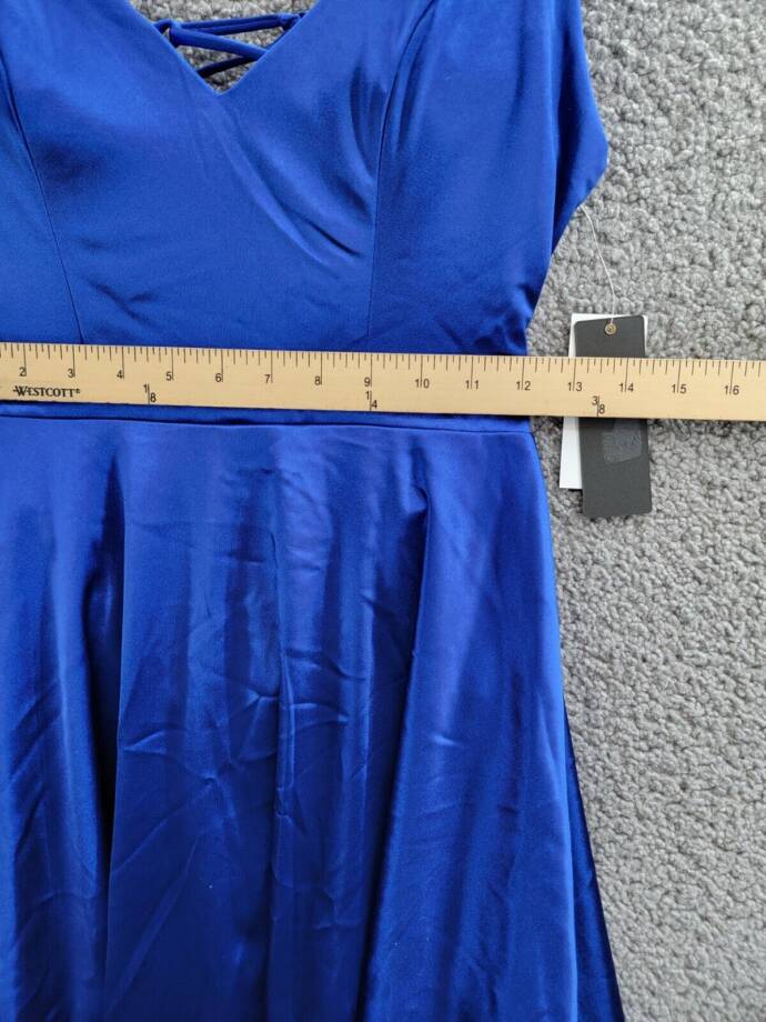 City Studio Satin Fit & Flare Dress Juniors 7 Cobalt Blue V-Neck Zip Lace Back