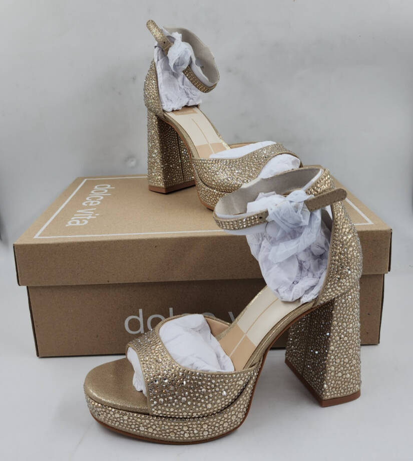 Dolce Vita Pandro Crystal Dress Sandals Women's 6 Light Gold Buckled Ankle Strap