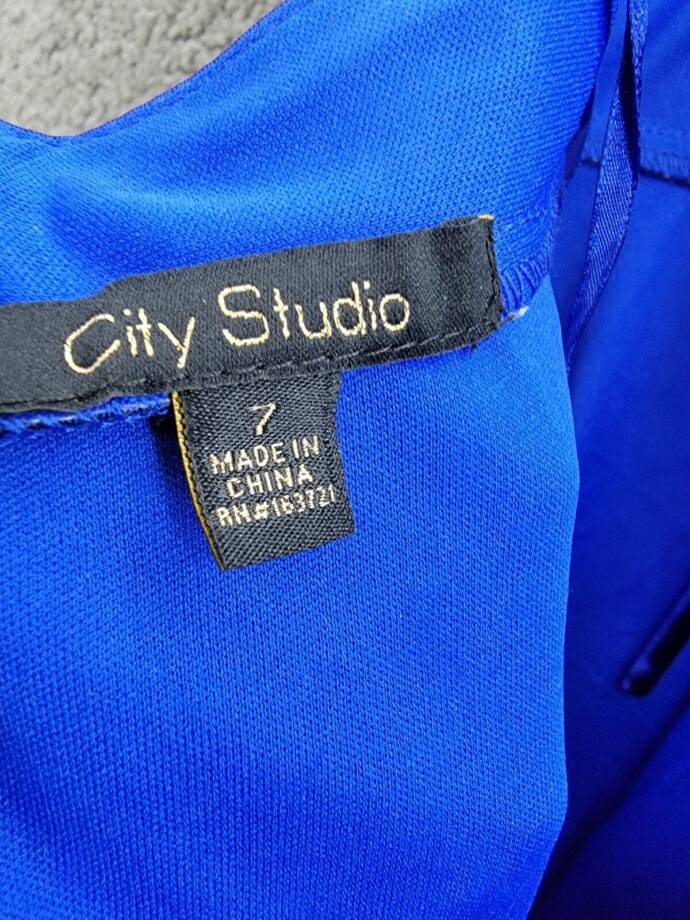 City Studio Satin Fit & Flare Dress Juniors 7 Cobalt Blue V-Neck Zip Lace Back