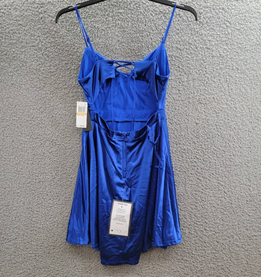 City Studio Satin Fit & Flare Dress Juniors 7 Cobalt Blue V-Neck Zip Lace Back