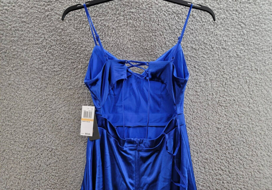 City Studio Satin Fit & Flare Dress Juniors 7 Cobalt Blue V-Neck Zip Lace Back