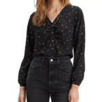 Levi's Zenda Ruched Long-Sleeve Blouse Women's Black Multi Floral Button SM