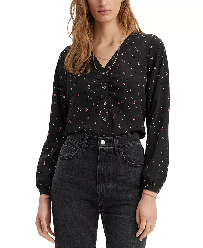 Levi's Zenda Ruched Long-Sleeve Blouse Women's Black Multi Floral Button SM