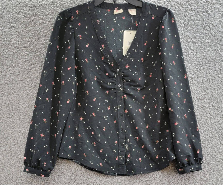 Levi's Zenda Ruched Long-Sleeve Blouse Women's Black Multi Floral Button SM
