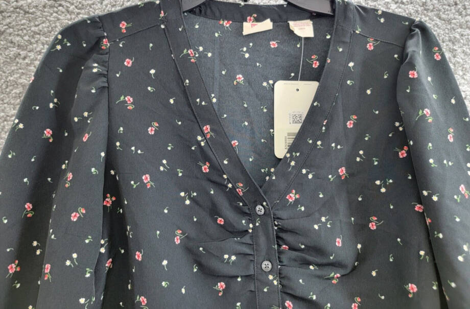 Levi's Zenda Ruched Long-Sleeve Blouse Women's Black Multi Floral Button SM