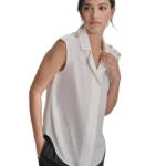 DKNY Petite Extended-shoulder Epaulette Camp Blouse Women's PXS White Button~