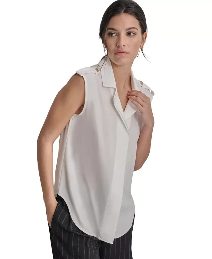 DKNY Petite Extended-shoulder Epaulette Camp Blouse Women's PXS White Button~