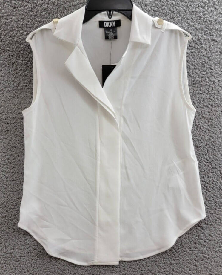 DKNY Petite Extended-shoulder Epaulette Camp Blouse Women's PXS White Button~