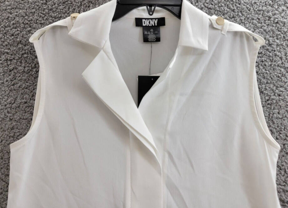 DKNY Petite Extended-shoulder Epaulette Camp Blouse Women's PXS White Button~
