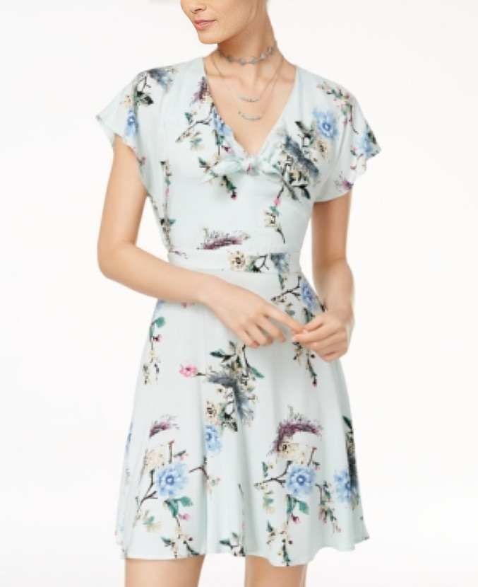 One Hart Flutter-Sleeve Fit & Flare Dress Juniors' XS Opal Blue Floral Side Zip