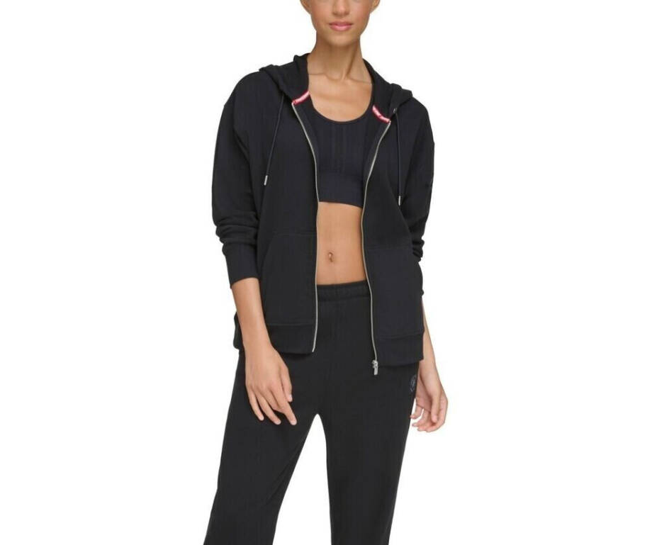 Tommy Hilfiger Sport Zip-Front Logo Hoodie Women's S Black Kangaroo Pocket L/S