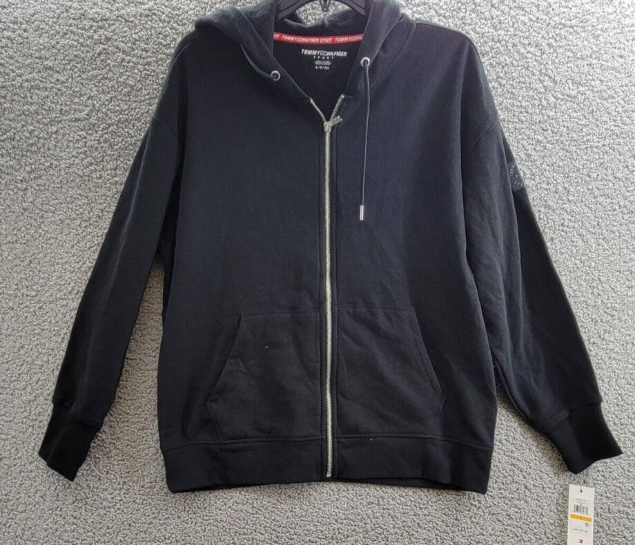 Tommy Hilfiger Sport Zip-Front Logo Hoodie Women's S Black Kangaroo Pocket L/S