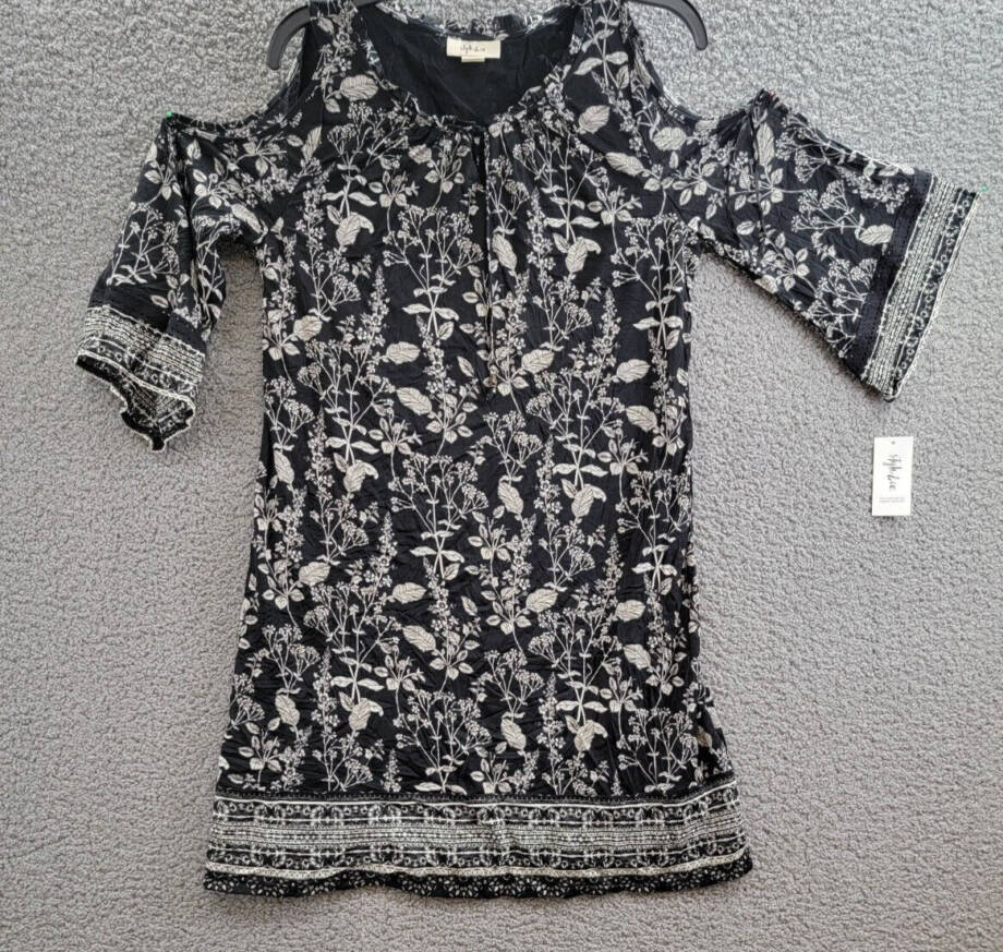 Style & Co Cold Shoulder Peasant Dress Women's M Nocturnal Black 3/4 Sleeve