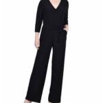 NY Collection Petite Short 3/4 Sleeve Belted Wide Leg Jumpsuit Women's PL Black