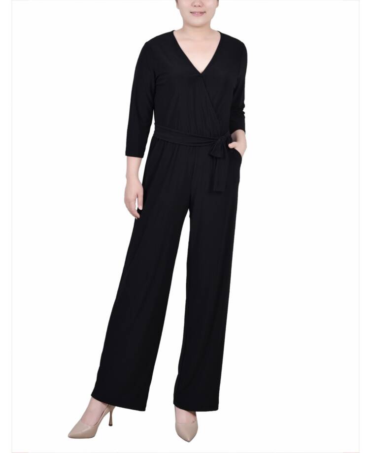 NY Collection Petite Short 3/4 Sleeve Belted Wide Leg Jumpsuit Women's PL Black