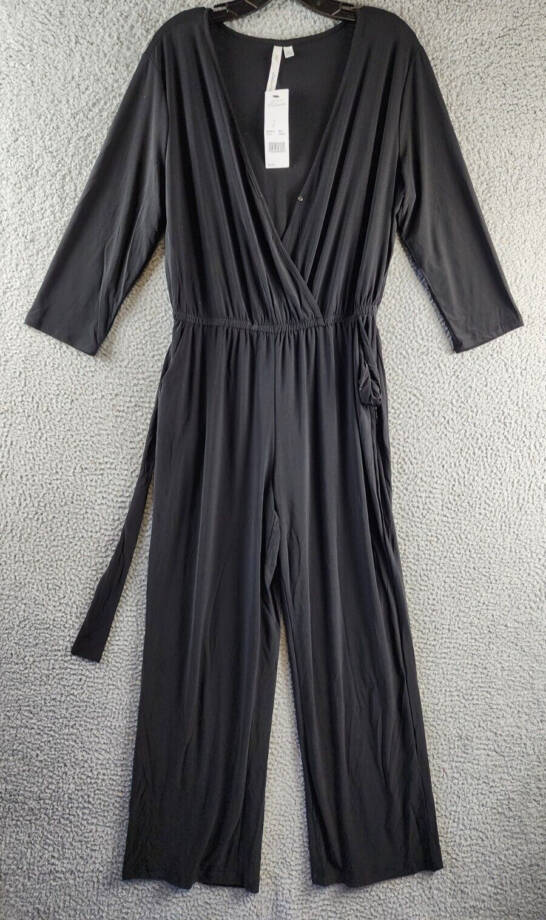 NY Collection Petite Short 3/4 Sleeve Belted Wide Leg Jumpsuit Women's PL Black