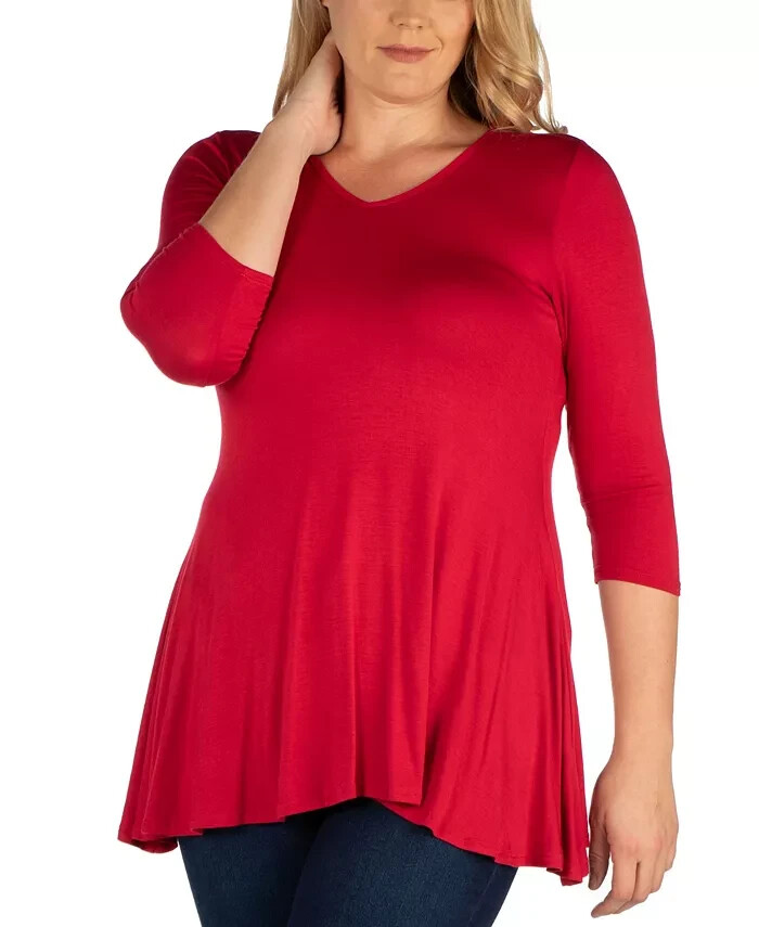 24seven Comfort Apparel Plus Size 3/4 Sleeve V-Neck Tunic Top Women's 2X Red