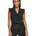 Calvin Klein Ruffled Cap-Sleeve Tie-Neck Blouse Women's L Black Solid Pullover