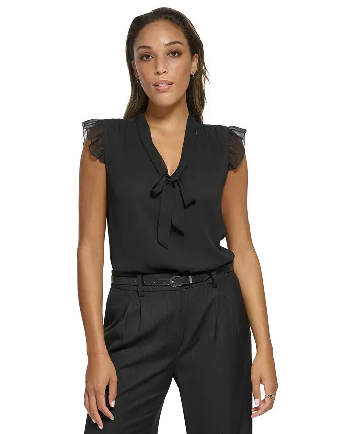 Calvin Klein Ruffled Cap-Sleeve Tie-Neck Blouse Women's L Black Solid Pullover
