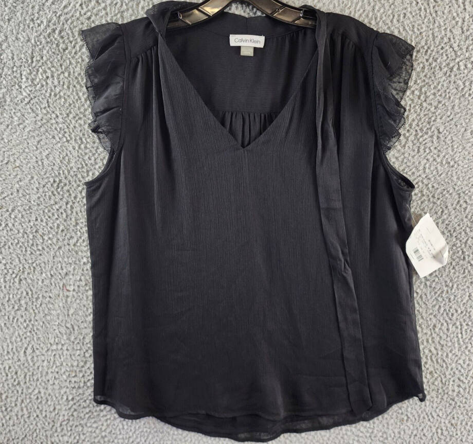 Calvin Klein Ruffled Cap-Sleeve Tie-Neck Blouse Women's L Black Solid Pullover