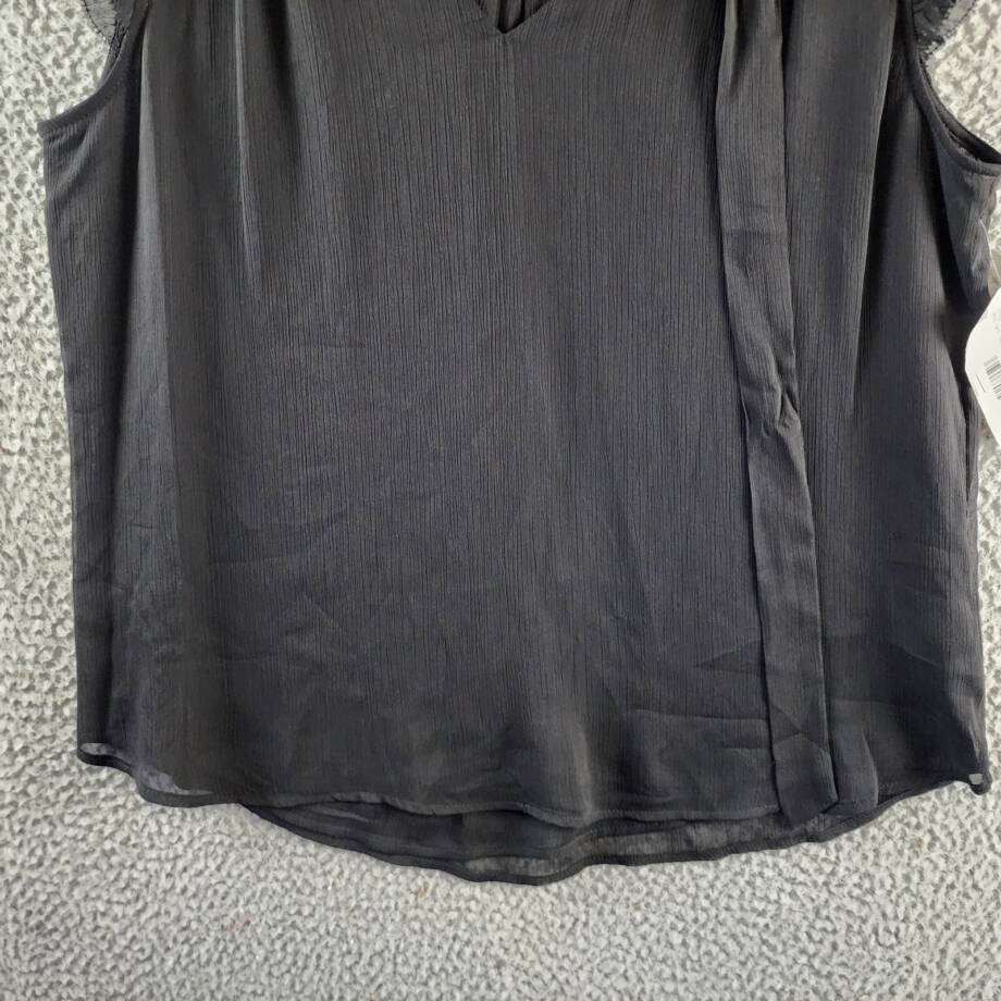 Calvin Klein Ruffled Cap-Sleeve Tie-Neck Blouse Women's L Black Solid Pullover